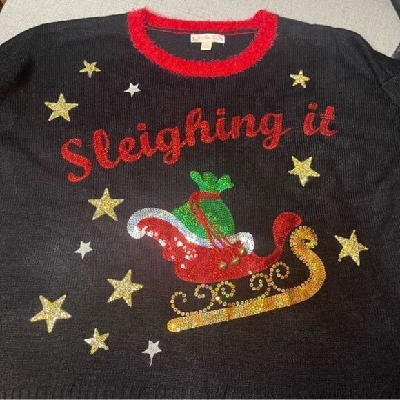 Holiday Sequin Ugly Christmas Sweater Sleighing It 2X - Picture 2 of 10